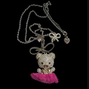 Betsey Johnson rhinestone, gold and Pink Teddy Bear Pendant Necklace